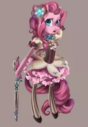 Size: 2044x2946 | Tagged: anthro, artist:my-magic-dream, bipedal, bow, clothes, derpibooru import, dress, gun, magical girl, musket, open mouth, pinkie pie, safe, solo, stockings, thigh highs, weapon