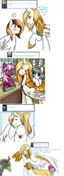Size: 1280x3473 | Tagged: safe, artist:azure-doodle, derpibooru import, blossomforth, cheerilee, oc, oc:ice shine, oc:kryptfoal, oc:ween, pegasus, pony, amulet, armor, ask, bishonen, curved horn, dialogue, filly, licking, monster, necklace, royal guard, sun, tumblr, window, yin-yang