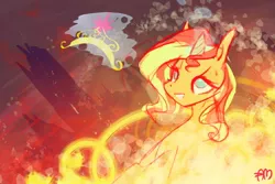 Size: 648x432 | Tagged: dead source, safe, artist:yuji8sushi, derpibooru import, sunset shimmer, pony, unicorn, big crown thingy, element of magic, fiery shimmer, solo