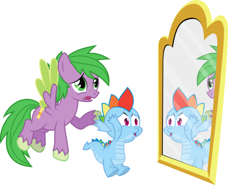 Size: 1280x1040 | Tagged: safe, artist:gray-gold, derpibooru import, rainbow dash, spike, ponified, dragon, pegasus, pony, .svg available, dragonified, mirror, new rainbow dash, ponified spike, rainbow dragon, simple background, species swap, transparent background, vector