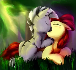 Size: 1200x1100 | Tagged: age regression, anonymous artist, apple bloom, female, interspecies, kissing, lesbian, safe, shipping, younger, zebra, zecobloom, zecora