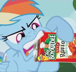 Size: 500x471 | Tagged: chef boyardee, derpibooru import, edit, edited screencap, rainbow dash, ravioli, safe, screencap, solo, the mysterious mare do well