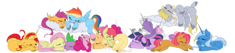 Size: 3500x800 | Tagged: apple bloom, applejack, artist:loyaldis, babs seed, cuddle puddle, cutie mark crusaders, dead source, derpibooru import, derpy hooves, fluttershy, mane seven, mane six, pinkie pie, rainbow dash, rarity, safe, scootaloo, sleeping, spike, sunset shimmer, sweetie belle, trixie, twilight sparkle, twilight sparkle (alicorn), unshorn fetlocks