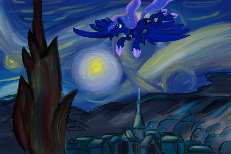 Size: 1500x1000 | Tagged: artist:sahikari, derpibooru import, fine art parody, flying, night, princess luna, safe, smiling, solo, starry night, the starry night, vincent van gogh