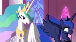 Size: 1280x720 | Tagged: safe, derpibooru import, screencap, princess celestia, princess luna, alicorn, pony, the crystal empire, female, frown, mare, open mouth, s03e01, shading, sisters, smiling, spread wings, stained glass