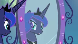 Size: 1920x1080 | Tagged: safe, derpibooru import, screencap, princess luna, alicorn, pony, equestria girls, female, magic mirror, mare, mirror, open mouth, reflection, solo