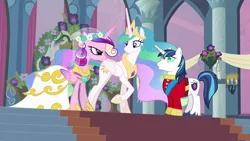 Size: 1280x720 | Tagged: safe, derpibooru import, screencap, princess cadance, princess celestia, queen chrysalis, shining armor, alicorn, changeling, pony, unicorn, a canterlot wedding, angry, clothes, disguise, disguised changeling, dress, fake cadance, female, male, mare, stallion, wedding dress