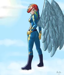 Size: 1200x1400 | Tagged: artist:shinzm, boots, clothes, derpibooru import, female, gloves, hand on hip, human, humanized, looking back, rainbow dash, safe, shoes, solo, winged humanization, wings, wonderbolts, wonderbolts uniform