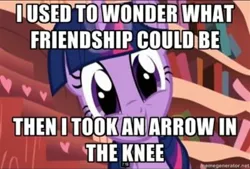 Size: 680x461 | Tagged: arrow in the knee, derpibooru import, image macro, meme, nostalgia, ouch, safe, solo, theme song, twilight sparkle