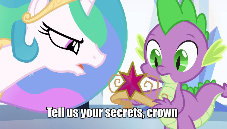 Size: 753x428 | Tagged: safe, derpibooru import, princess celestia, spike, equestria girls, big crown thingy, caption, crown, image macro, tell me your secrets