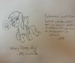 Size: 1024x863 | Tagged: safe, artist:mscorte, derpibooru import, derpy hooves, pegasus, pony, female, john f. kennedy, mare, muffin, quote, solo, traditional art