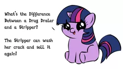 Size: 1194x668 | Tagged: safe, derpibooru import, twilight sparkle, filly, filly twilight sparkle, filly twilight telling an offensive joke, meme, obligatory pony, solo, text, vulgar, younger