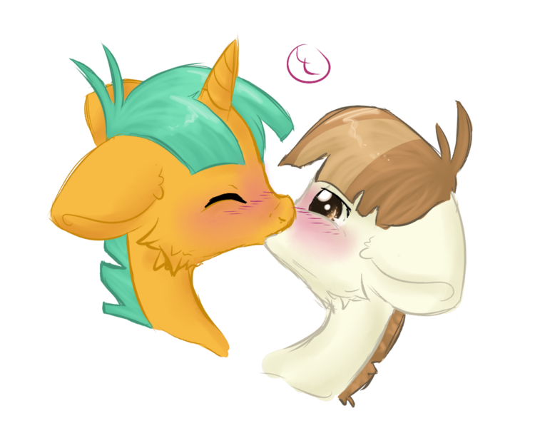 Size: 1000x800 | Tagged: safe, artist:smoortie, derpibooru import, featherweight, snails, blushing, eyes closed, feathersnails, gay, kissing, male, shipping