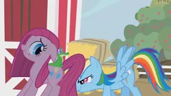 Size: 1280x720 | Tagged: derpibooru import, gummy, out of context, party of one, pinkamena diane pie, pinkie pie, pushing, rainbow dash, rapeface, rump push, safe, screencap, spread wings, wingboner, wings