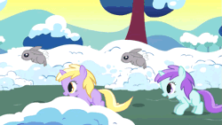 Size: 853x480 | Tagged: animated, cute, derpibooru import, dinkabetes, dinky hooves, filly, jumping, liza doolots, petunia, pronking, rabbit, safe, screencap, snow, tootsie cute, tootsie flute, winter wrap up