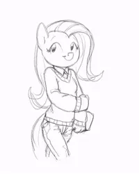 Size: 585x730 | Tagged: anthro, artist:carnifex, clothes, derpibooru import, fluttershy, grayscale, jeans, monochrome, pants, safe, solo, sweater, sweatershy, traditional art