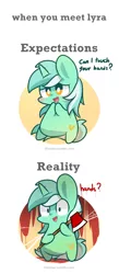 Size: 500x1150 | Tagged: safe, artist:lifeloser, derpibooru import, lyra heartstrings, pony, unicorn, axe, bipedal, comparison, creepy, expectation vs reality, hand, humie, open mouth, shrunken pupils, smiling, solo, that pony sure does love hands, wide eyes, yandere