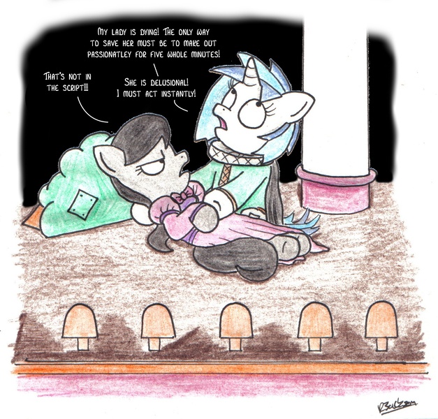 Size: 1610x1541 | Tagged: safe, artist:bobthedalek, derpibooru import, octavia melody, vinyl scratch, earth pony, pony, unicorn, acting, duo, female, funny, passion, play, stage show, traditional art