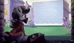 Size: 1864x1080 | Tagged: safe, artist:subjectnumber2394, derpibooru import, octavia melody, earth pony, pony, fanfic, fanfic:exit through canterlot, alley, alleyway, canterlot, fanfic art, female, flanksy, hilarious in hindsight, mare, mask, spray paint, street