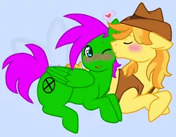 Size: 2156x1672 | Tagged: safe, artist:soulnik, derpibooru import, braeburn, oc, pegasus, pony, blushing, canon x oc, female, kissing, male, shipping, straight