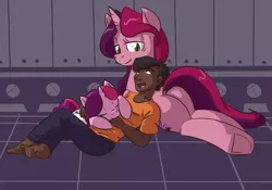Size: 1000x700 | Tagged: safe, artist:goat train, deleted from derpibooru, derpibooru import, oc, oc:anon, oc:gloomy, oc:marker pony, unofficial characters only, human, pony, unicorn, barefoot, butt pillow, dock, eyes closed, feet, female, filly, human male, male, mare, open mouth, pile, pony pillow, underhoof