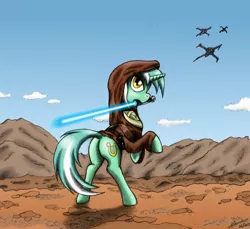 Size: 2400x2195 | Tagged: safe, artist:kh0nan, derpibooru import, lyra heartstrings, pony, unicorn, clothes, female, jedi, lightsaber, mare, mouth hold, obi-wan kenobi, rearing, solo, star wars, underhoof