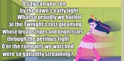 Size: 838x411 | Tagged: safe, derpibooru import, screencap, twilight sparkle, equestria girls, image macro, lyrics, meme, pun, solo, song, song reference, star spangled banner, text, twilight's last gleaming