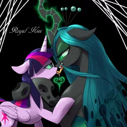 Size: 800x800 | Tagged: suggestive, artist:30clock, derpibooru import, queen chrysalis, twilight sparkle, twilight sparkle (alicorn), alicorn, pony, drool, eye contact, female, floppy ears, french kiss, heart, kissing, lesbian, mare, mind control, pixiv, sloppy kissing, twisalis