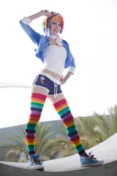 Size: 3744x5616 | Tagged: artist:donknnj, clothes, cosplay, derpibooru import, human, irl, irl human, midriff, photo, rainbow dash, rainbow socks, safe, shorts, socks, solo, striped socks, thigh highs, wondercon