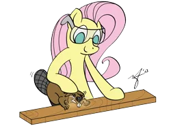 Size: 800x600 | Tagged: artist:stuhp, beaver, carpentry, derpibooru import, fluttershy, safe, safety goggles, wood