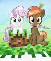 Size: 1280x1510 | Tagged: artist:agamnentzar, button mash, chest fluff, crossover, derpibooru import, looking at you, minecraft, mouth hold, safe, sweetie belle, sword, traditional art, video game