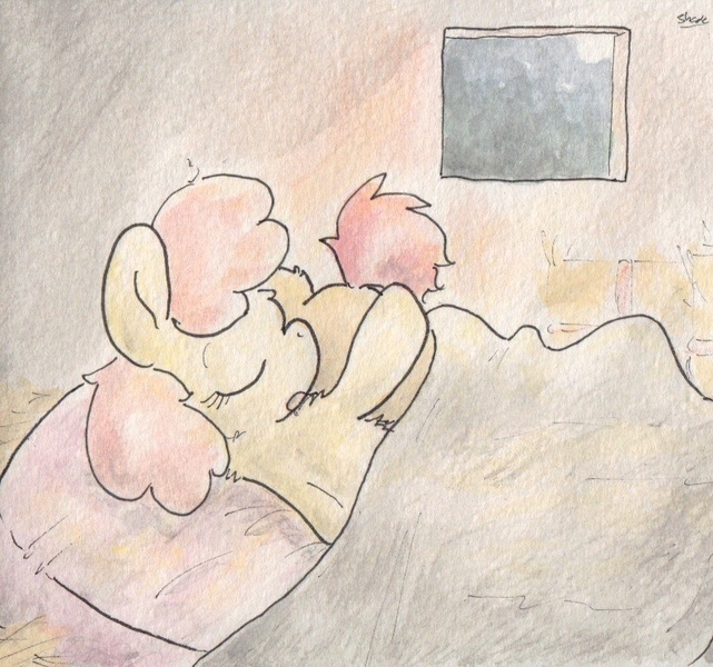 Size: 793x742 | Tagged: apple bloom, artist:slightlyshade, babs seed, derpibooru import, safe, sleeping, traditional art