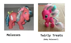 Size: 1437x873 | Tagged: comparison, derpibooru import, g1, molasses, safe, text, toy, twirly treats