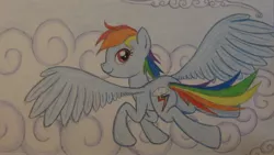 Size: 3072x1728 | Tagged: safe, artist:thefriendlyelephant, derpibooru import, rainbow dash, flying, solo, traditional art