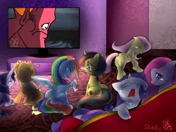 Size: 1200x900 | Tagged: applejack, crying, derpibooru import, exploitable meme, fluttershy, handkerchief, leo and satan, mane six, meme, oc, oc:pauly sentry, pinkie pie, plot, rainbow dash, rarity, sad, sad movie meme, safe, television, tissue, twilight sparkle