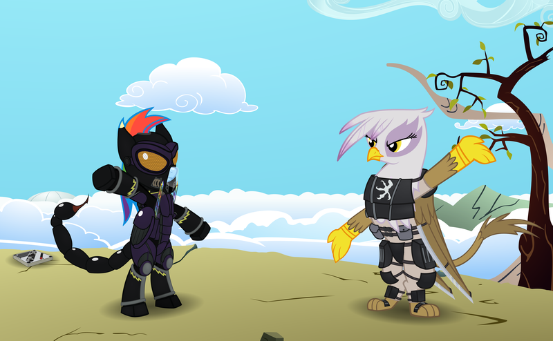 Size: 6998x4322 | Tagged: safe, artist:havebkyourway, derpibooru import, gilda, rainbow dash, gryphon, pegasus, pony, scorpion, fallout equestria, fanfic, absurd resolution, armor, bipedal, enclave armor, fanfic art, female, hooves, mare, ministry mares, power armor, scorpion tail, shadowbolt armor, wasteland, wings