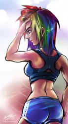 Size: 650x1176 | Tagged: artist:ddhew, clothes, derpibooru import, human, humanized, midriff, rainbow dash, runner, safe, shorts, solo, sports bra