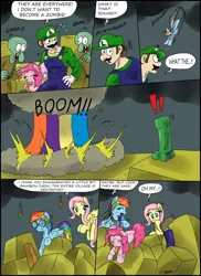 Size: 2550x3506 | Tagged: artist:ciriliko, atomic rainbomb, atomic rainboom, carrot, comic, creeper, fluttershy, luigi, meme, minecraft, muscles, pinkie pie, rainbow dash, safe, spongebob squarepants, squidward tentacles, super mario bros., zombie