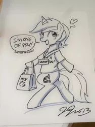 Size: 750x1000 | Tagged: safe, artist:johnjoseco, derpibooru import, lyra heartstrings, pony, unicorn, bag, bipedal, clothes, convention, disguise, galacon, heart, humie, roleplaying, seems legit, shirt, sketch, solo, t-shirt