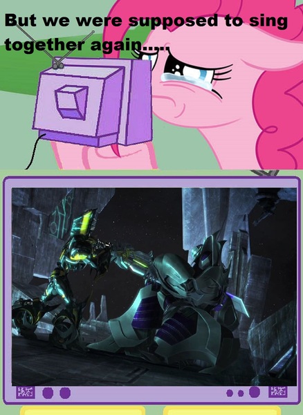 Size: 1126x1542 | Tagged: bumblebee, crying, death, derpibooru import, exploitable meme, hot nuts, megatron, meme, obligatory pony, pinkie pie, sad, safe, star saber, transformers, transformers prime, tv meme