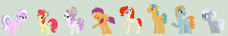 Size: 3416x552 | Tagged: safe, artist:wubmuffin, derpibooru import, apple bloom, diamond tiara, scootaloo, silver spoon, snails, snips, sweetie belle, twist, earth pony, pegasus, pony, unicorn, cutie mark crusaders, ear piercing, earring, female, glasses, gray background, hat, jewelry, male, mare, older, older apple bloom, older diamond tiara, older scootaloo, older silver spoon, older snails, older snips, older sweetie belle, older twist, piercing, raised hoof, recolor, simple background, stallion, vector