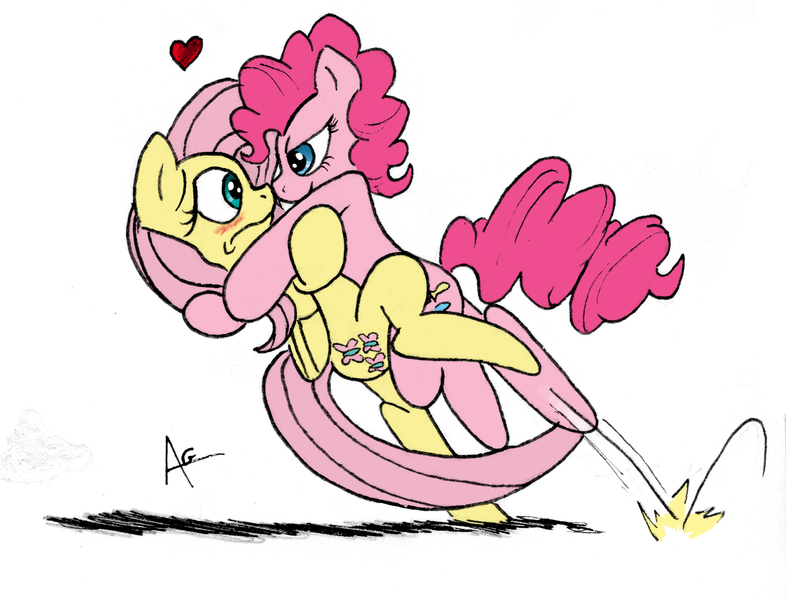 Size: 1647x1257 | Tagged: artist:legaffeur, blushing, dancing, derpibooru import, female, flutterpie, fluttershy, heart, imminent non consensual cuddling, lesbian, pinkie pie, safe, shipping