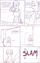 Size: 1000x1554 | Tagged: anthro, artist:cobaltsnow, caught, comic, derpibooru import, dialogue, door, monochrome, oc, oc:cherry, oc:cobalt snow, oc:vanilla, suggestive, unofficial characters only