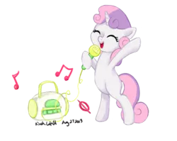 Size: 400x319 | Tagged: dead source, safe, artist:beefcrow, derpibooru import, sweetie belle, pony, bipedal, eyes closed, microphone, music notes, singing, solo