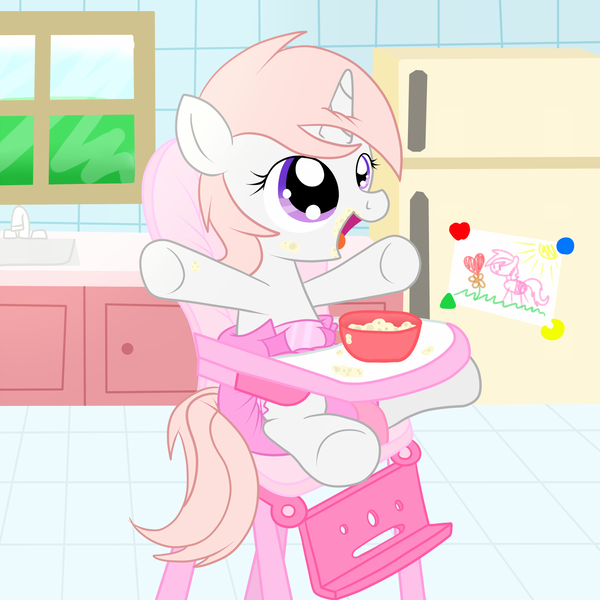 Size: 1500x1500 | Tagged: safe, artist:fillyscoots42, derpibooru import, oc, oc:snowlily, unofficial characters only, pony, baby, baby pony, diaper, foal, highchair, poofy diaper, solo