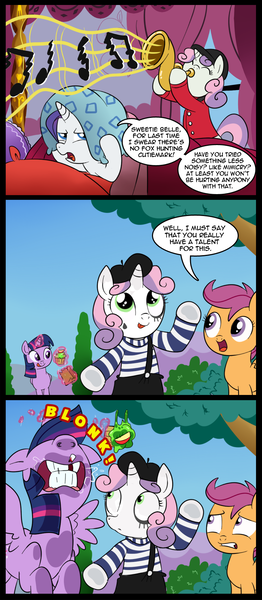 Size: 743x1700 | Tagged: safe, artist:madmax, derpibooru import, rarity, scootaloo, sweetie belle, twilight sparkle, twilight sparkle (alicorn), alicorn, pony, against glass, broken teeth, comic, crash, female, fourth wall, fox hunting, gone horribly right, invisible wall, irony, mare, mime, ouch, pantomime, sweetie fail, sweetie mime