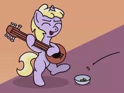 Size: 1070x805 | Tagged: safe, artist:gogglesparks, derpibooru import, dinky hooves, pony, bard, bipedal, bits, bowl, coin, eyes closed, filly, musical instrument, open mouth, smiling, solo
