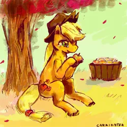 Size: 1000x1000 | Tagged: apple, applejack, artist:carriontea, derpibooru import, obligatory apple, safe, sitting, solo, tree