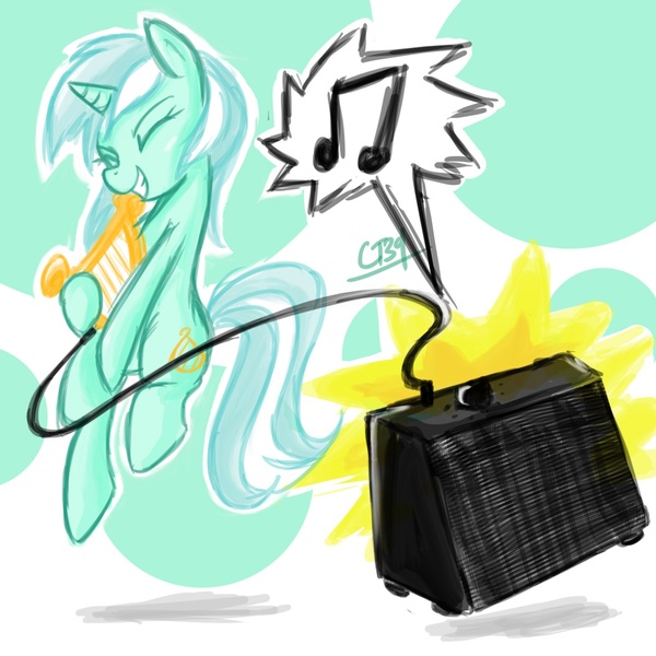 Size: 1200x1200 | Tagged: safe, artist:coin-trip39, derpibooru import, lyra heartstrings, pony, unicorn, amplifier, audio equipment, cable, eyes closed, grin, lyre, making music, music, music notes, musical instrument, playing, sketch, smiling, solo, speakers