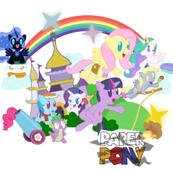 Size: 1278x1278 | Tagged: applejack, cannon, castle, crossover, derpibooru import, derpy hooves, fluttershy, frog, mane seven, mane six, mario, nightmare moon, nintendo, paper, paper mario, parody, party cannon, pinkie pie, princess celestia, rainbow, rainbow dash, rarity, safe, simple background, species swap, spike, super mario bros., transparent background, twilight sparkle, video game, wand